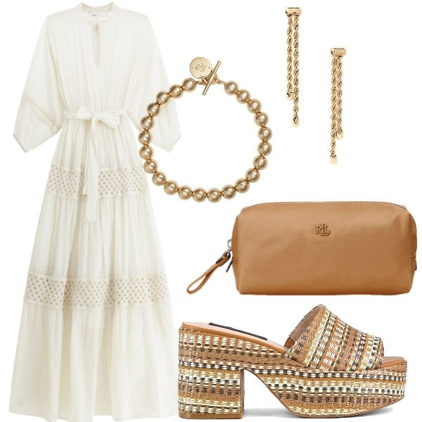 Outfit donna - A cena fuori. Stile Casual chic per Serata fuori. Abbinamento con vestiti lunghi, braccialetti, orecchini, pochette, zeppe.
