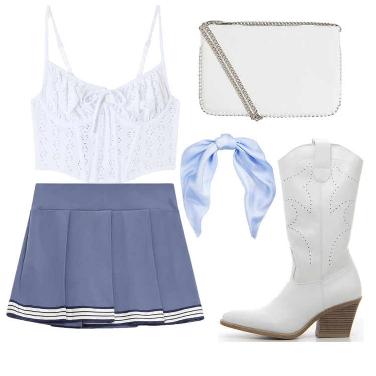 Outfit donna - Texani in stile college. Stile Trendy per Tutti i giorni. Abbinamento con top, borse a tracolla, minigonne, foulard, stivali.