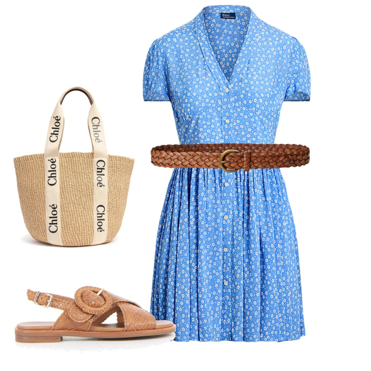 Outfit donna - Al mercato. Stile Bon Ton per Tutti i giorni. Abbinamento con cinture, vestiti lunghi, shopping bag, sandali.