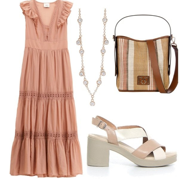 Outfit donna - Le serate di Luglio. Stile Casual per Tutti i giorni. Abbinamento con vestiti lunghi, collane, borse a secchiello, sandali col tacco.