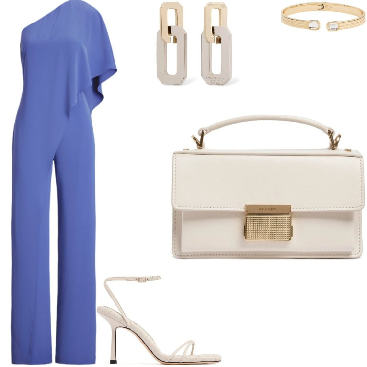 Outfit donna - My birthday. Stile Glamour per Serata fuori. Abbinamento con braccialetti, tute, orecchini, sandali in pelle, borse a mano.