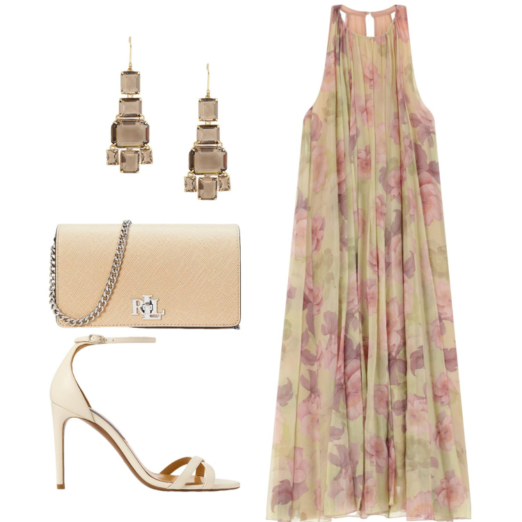 Outfit donna - Cerimonia. Stile Chic per Cerimonia. Abbinamento con vestiti lunghi, borse a tracolla, sandali col tacco, orecchini.