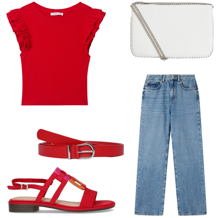 Outfit donna - Mom jeans. Stile Sporty chic per Tutti i giorni. Abbinamento con jeans dritti, t-shirt, cinture, borse a tracolla, sandali.