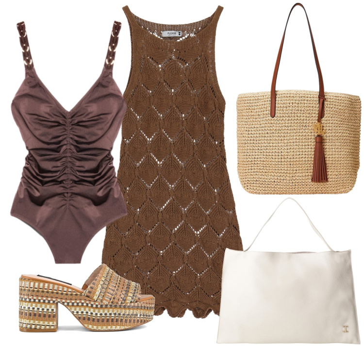 Outfit donna - summer chocolate. Stile Casual per Mare. Abbinamento con vestiti corti, borse a spalla, borse tote, costumi interi, zeppe.