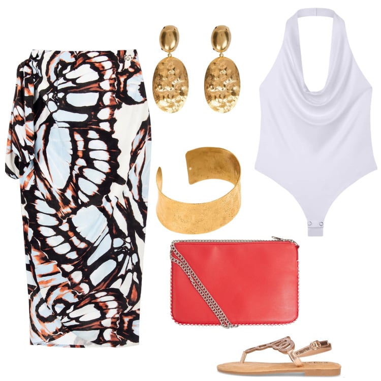 Outfit donna - Turkish summer. Stile Etnico per Mare. Abbinamento con body, borse a tracolla, gonne longuette, sandali in pelle, orecchini, braccialetti.