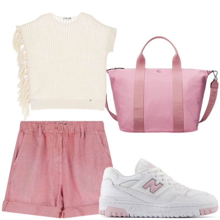 Outfit donna - Aperitivo. Stile Trendy per Tutti i giorni. Abbinamento con sneakers, shorts, maglieria, borse tote.