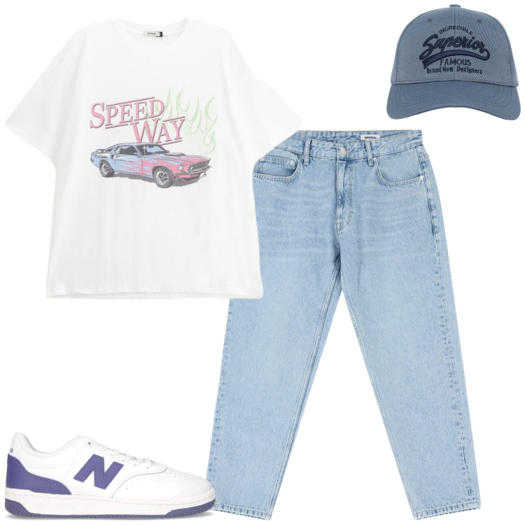 Outfit uomo - Total look #2202157. Stile Casual per Tutti i giorni. Abbinamento con cappelli con visiera, t-shirt, jeans, sneakers.