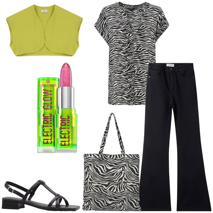 Outfit donna - Total look #2202162. Stile Trendy per Serata fuori. Abbinamento con bluse, sandali col tacco, rossetti, jeans a zampa, borse tote, gilet.