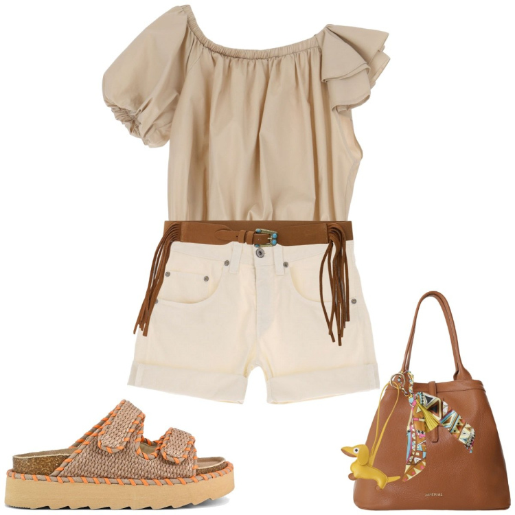 Outfit donna - Confortevole anche in vacanza. Stile Glamour per Tutti i giorni. Abbinamento con shorts, top, borse tote, cinture, portachiavi, sandali.