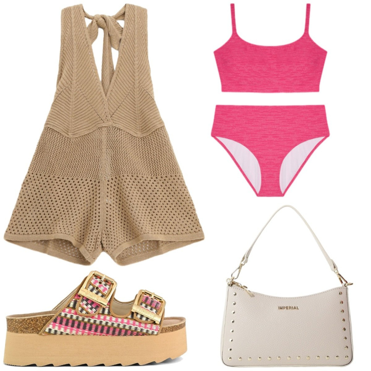 Outfit donna - Al mare con stile. Stile Preppy per Mare. Abbinamento con borse a spalla, tute, sandali, bikini.