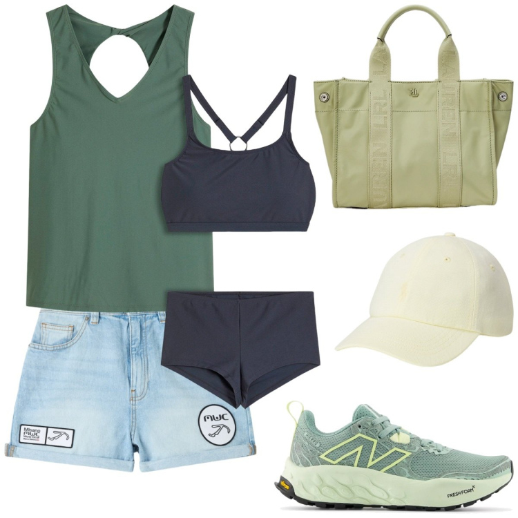 Outfit donna - Gita fuori porta. Stile Sporty chic per Mare. Abbinamento con costumi interi, shorts, sneakers, cappelli, borse tote.
