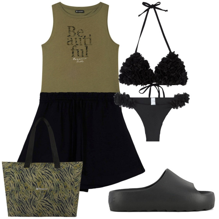 Outfit donna - Eleganza al mare. Stile Casual chic per Mare. Abbinamento con bikini, bikini, shorts, canottiere, shopping bag, ciabatte.