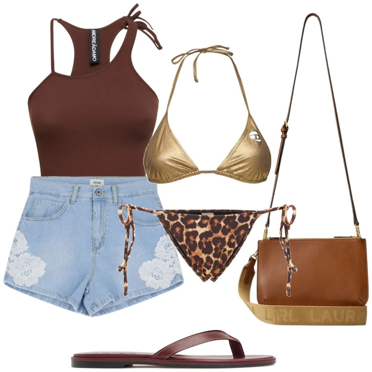 Outfit donna - Summer sale + costume. Stile Glamour per Mare. Abbinamento con shorts, borse a tracolla, bikini, canottiere, bikini, ciabatte.