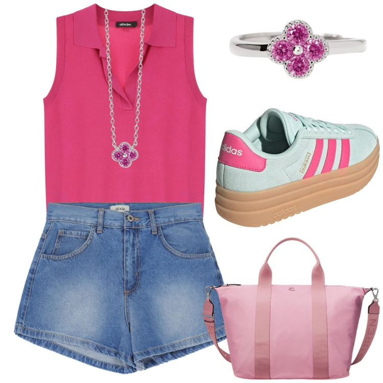 Outfit donna - Summer fucsia. Stile Sporty chic per Tutti i giorni. Abbinamento con anelli, collane, maglieria, shorts, borse tote, sneakers.