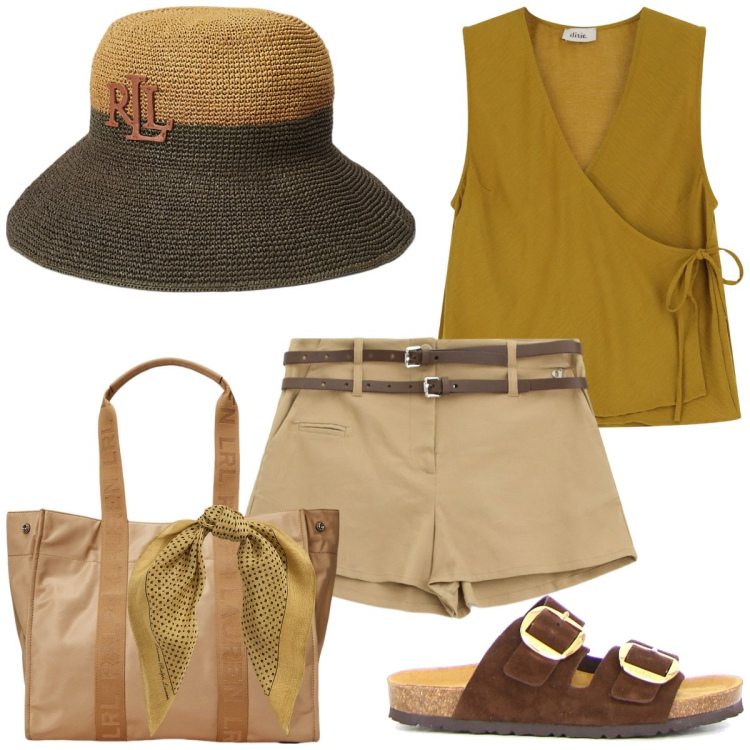 Outfit donna - Stile unico. Stile Etnico per Tutti i giorni. Abbinamento con top, shorts, foulard, cappelli, borse tote, ciabatte.
