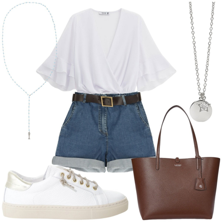 Outfit donna - Semplicemente. Stile Trendy per Tutti i giorni. Abbinamento con ciondoli, bermuda, top, sneakers, ciondoli, borse tote.