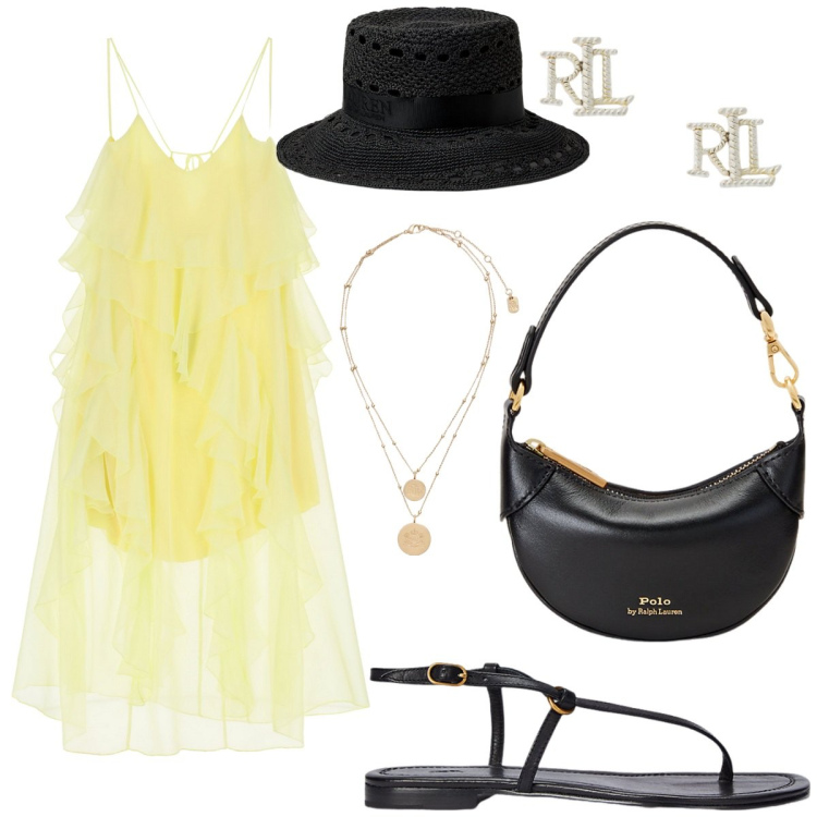 Outfit donna - Serata stravagante. Stile Casual chic per Serata fuori. Abbinamento con vestiti lunghi, portafogli, ciondoli, orecchini, sandali in pelle, cappelli.