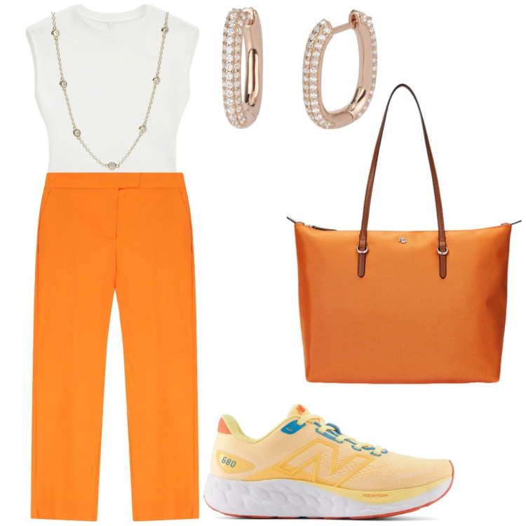 Outfit donna - Arancio. Stile Sporty chic per Tutti i giorni. Abbinamento con orecchini, collane, sneakers, pantaloni, top, borse tote.