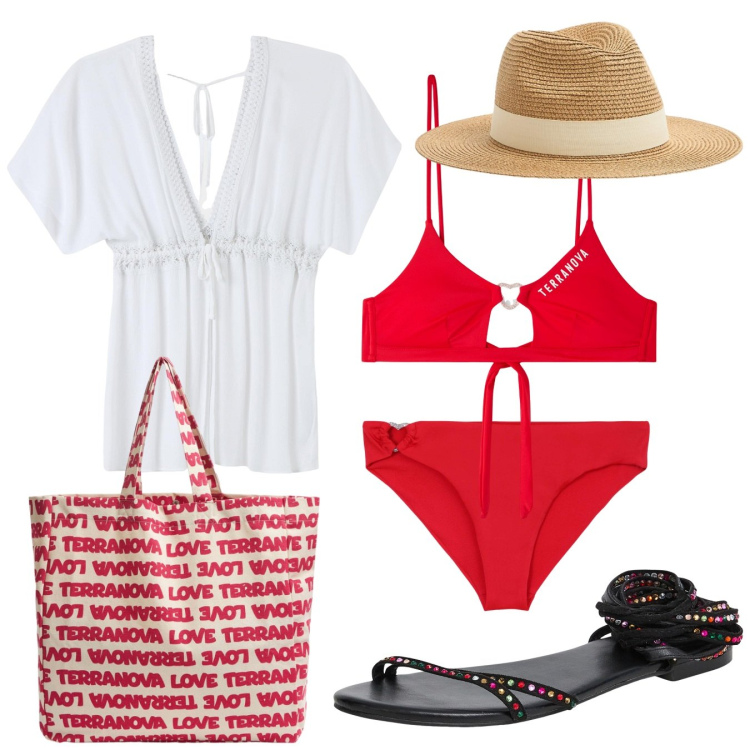 Outfit donna - Costume rosso. Stile Casual per Mare. Abbinamento con sandali alla schiava, bikini, cappelli, caftani, bikini, borse tote.