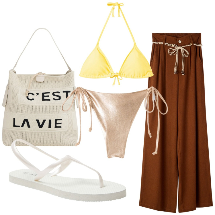 Outfit donna - Costume bicolore. Stile Casual per Mare. Abbinamento con sandali, bikini, borse a mano, pantaloni, bikini.