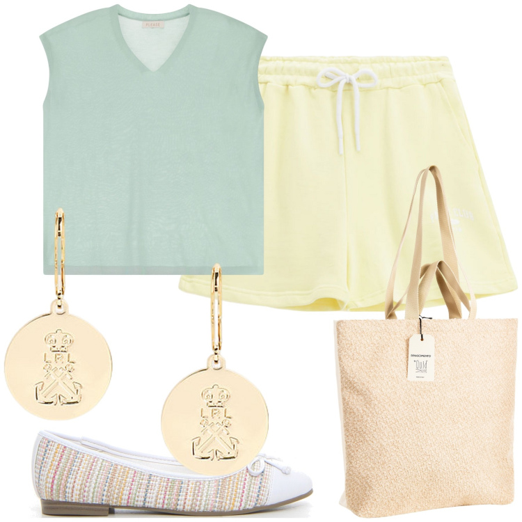 Outfit donna - Colazione al bar del sabato. Stile Casual chic per Tutti i giorni. Abbinamento con borse tote, top, pantaloni corti, orecchini, ballerine.