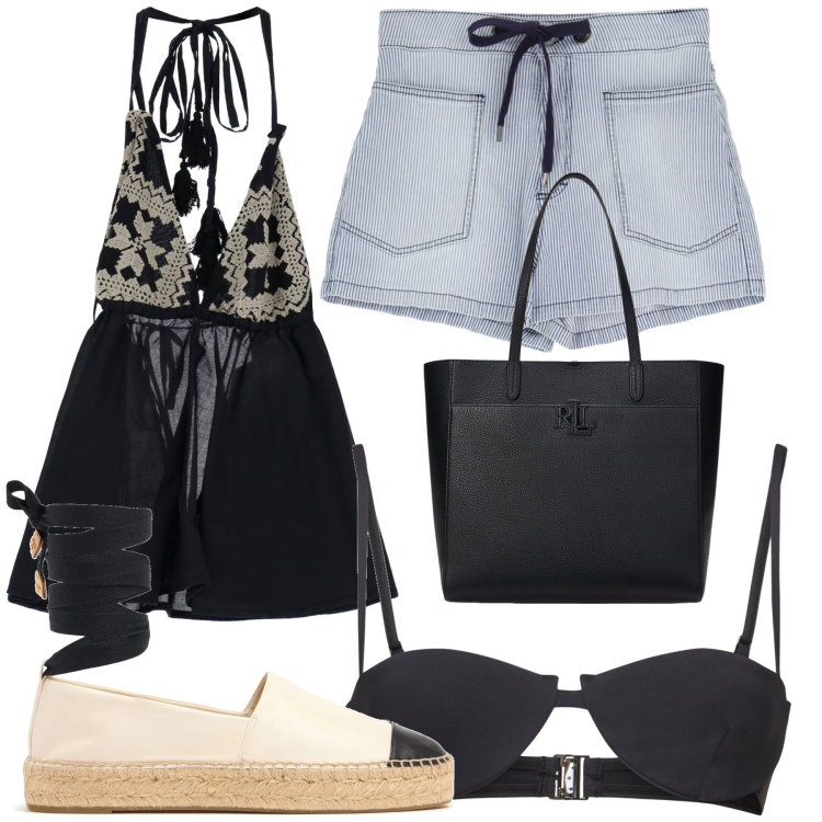 Outfit donna - Sabato al mare. Stile Casual chic per Mare. Abbinamento con shorts, top, borse tote, bikini, espadrillas.