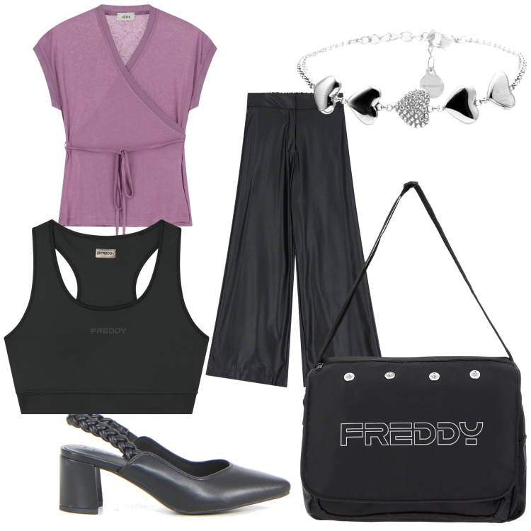 Outfit donna - Freddy look. Stile Trendy per Ufficio. Abbinamento con borse messenger, braccialetti, reggiseni, pantaloni a palazzo, top, décolleté.