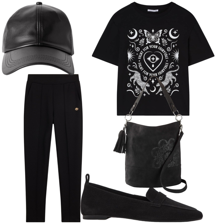 Outfit donna - Le spese del weekend. Stile Basic per Tutti i giorni. Abbinamento con borse a mano, mocassini, t-shirt, cappelli con visiera, pantaloni.