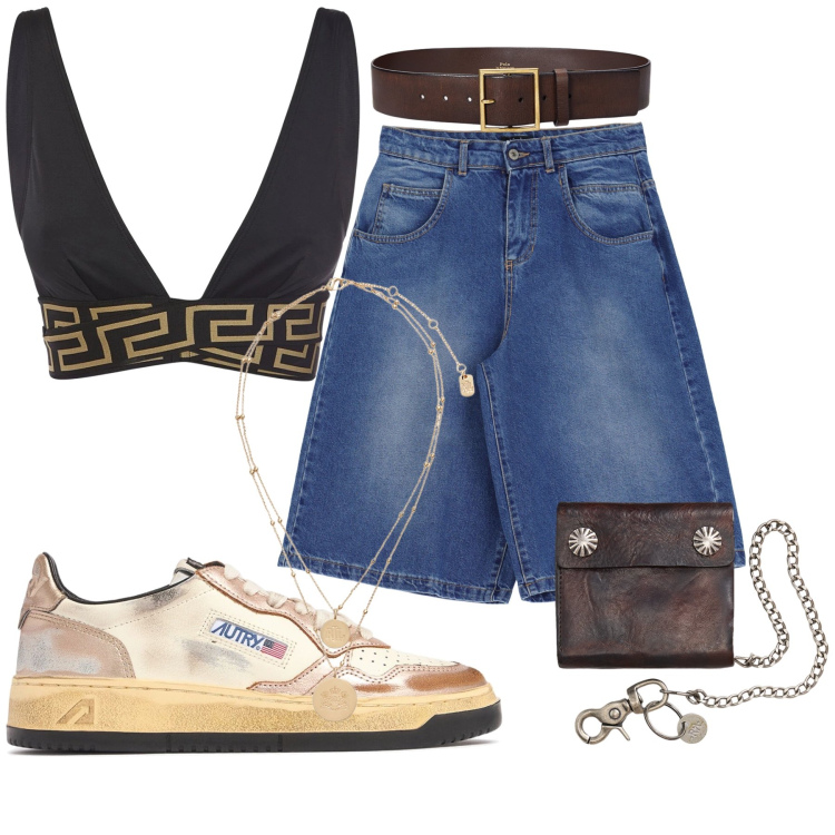 Outfit donna - L\'eleganza del marrone. Stile Glamour per Mare. Abbinamento con shorts, ciondoli, portafogli, cinture, bikini, sneakers.