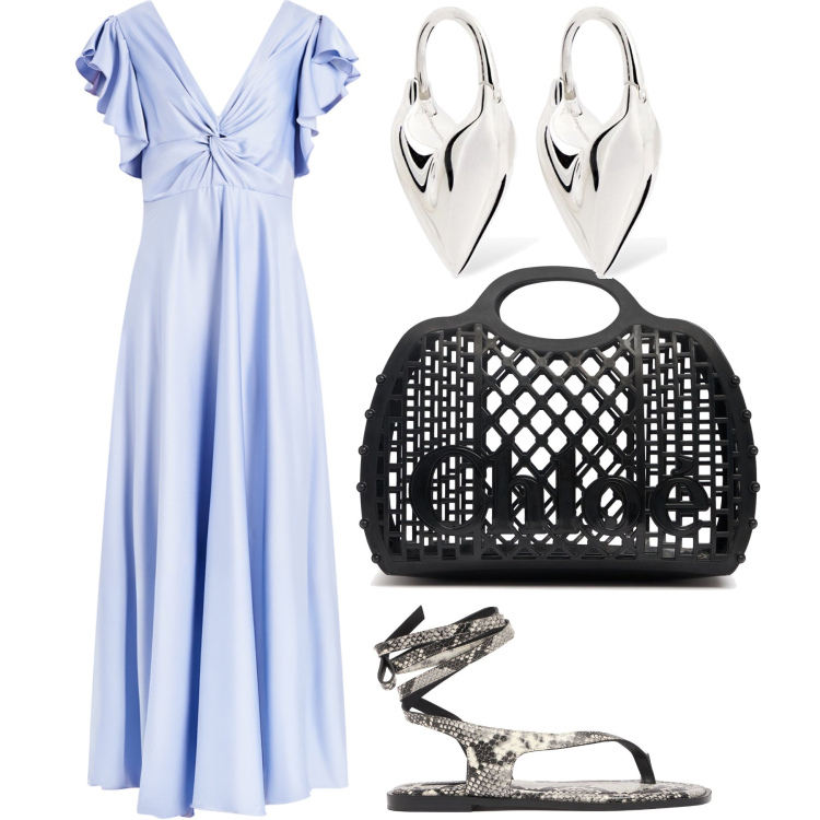 Outfit donna - Saturday evening. Stile Bon Ton per Serata fuori. Abbinamento con vestiti lunghi, sandali col tacco, orecchini, borse a mano.