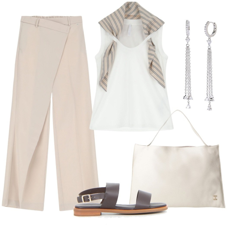 Outfit donna - Colori chiari contro il caldo. Stile Casual chic per Ufficio. Abbinamento con orecchini, pantaloni, top, borse a spalla, sandali.