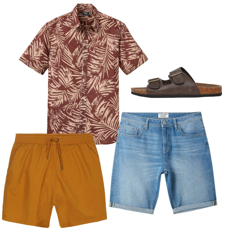 Outfit uomo - Verso il mare. Stile Casual per Tutti i giorni. Abbinamento con camicie a manica corta, bermuda, sandali, costumi.