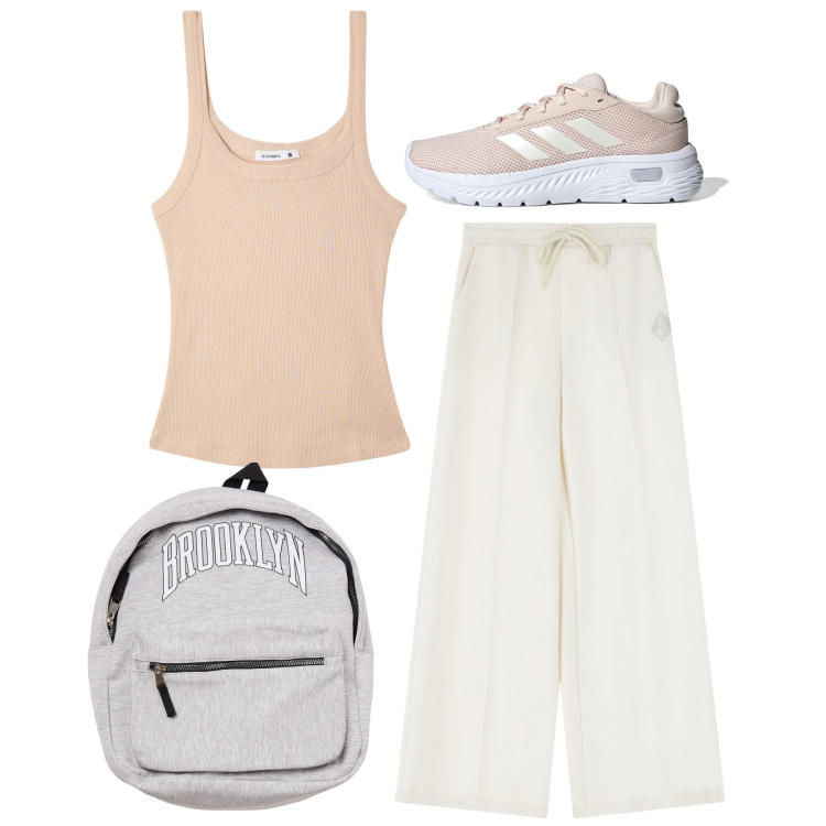 Outfit donna - Sport in città. Stile Basic per Sport. Abbinamento con borse sportive, canottiere, pantaloni, sneakers.