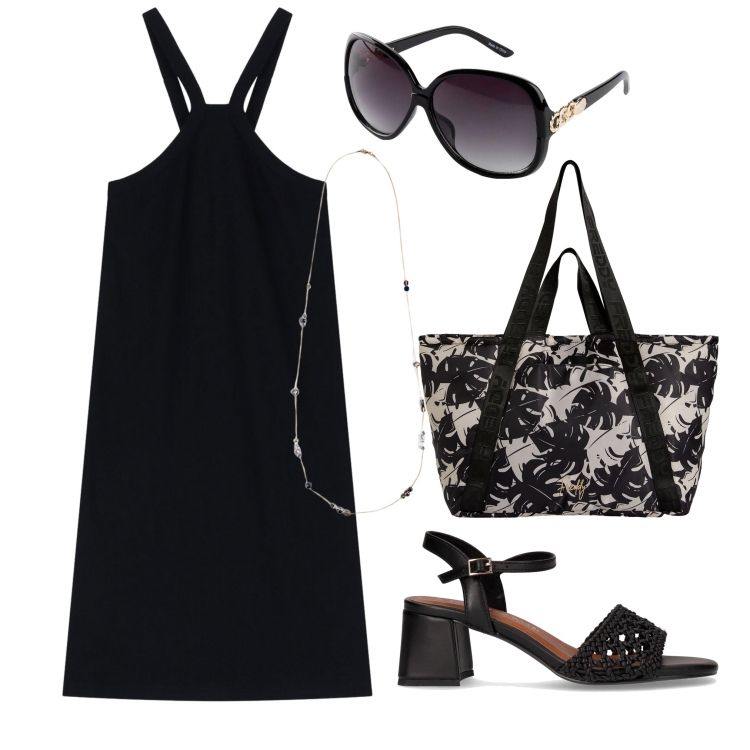Outfit donna - In città d\'estate. Stile Casual per Tutti i giorni. Abbinamento con occhiali da sole, shopping bag, vestiti corti, collane, sandali col tacco.