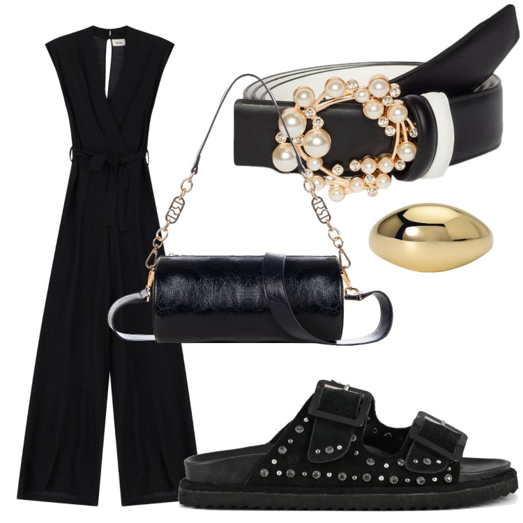 Outfit donna - Mi vesto così. Stile Casual chic per Serata fuori. Abbinamento con anelli, borse a mano, tute, sandali, cinture.