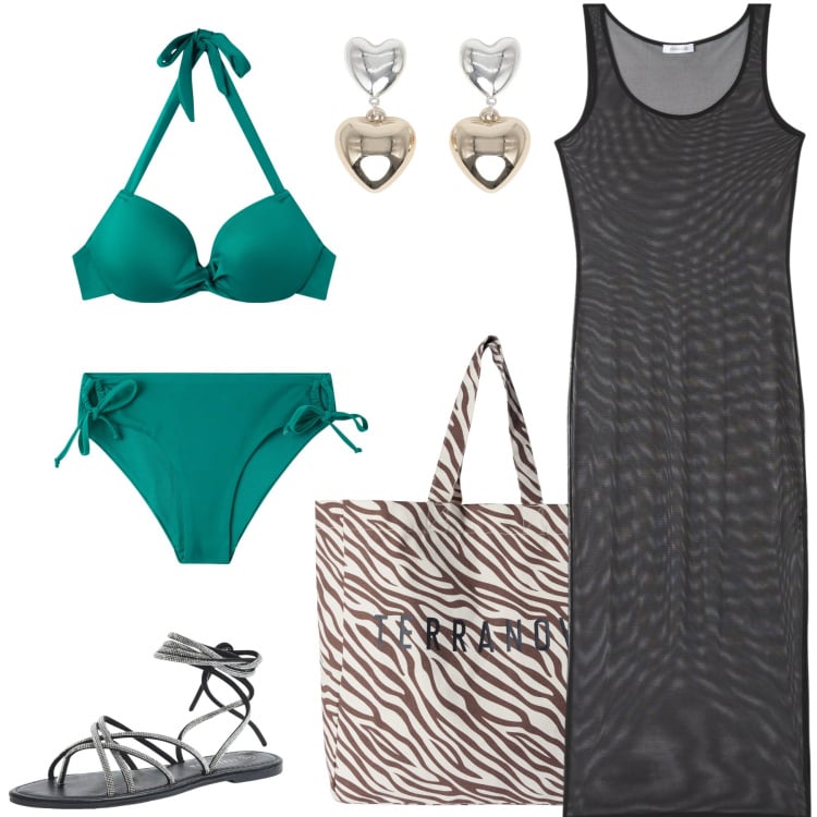 Outfit donna - Verde smeraldo al mare. Stile Casual per Mare. Abbinamento con bikini, bikini, sandali alla schiava, borse tote, orecchini, vestiti lunghi.