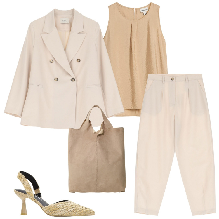 Outfit donna - Appuntamento di lavoro. Stile Casual chic per Ufficio. Abbinamento con top, décolleté, pantaloni, blazer, shopping bag.