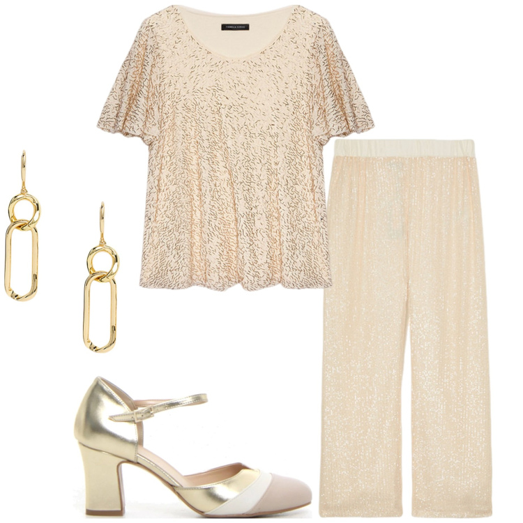 Outfit donna - Serata dance. Stile Chic per Serata fuori. Abbinamento con orecchini, t-shirt, pantaloni, sandali col tacco.