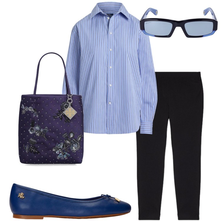 Outfit donna - Casual chic. Stile Casual chic per Ufficio. Abbinamento con camicie, ballerine, jeggings, borse a mano, occhiali da sole.