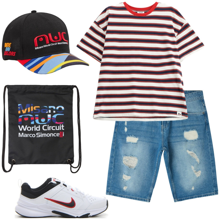 Outfit uomo - Allegro e spensierato. Stile Casual per Tutti i giorni. Abbinamento con cappelli, borse sportive, shorts, t-shirt, sneakers.