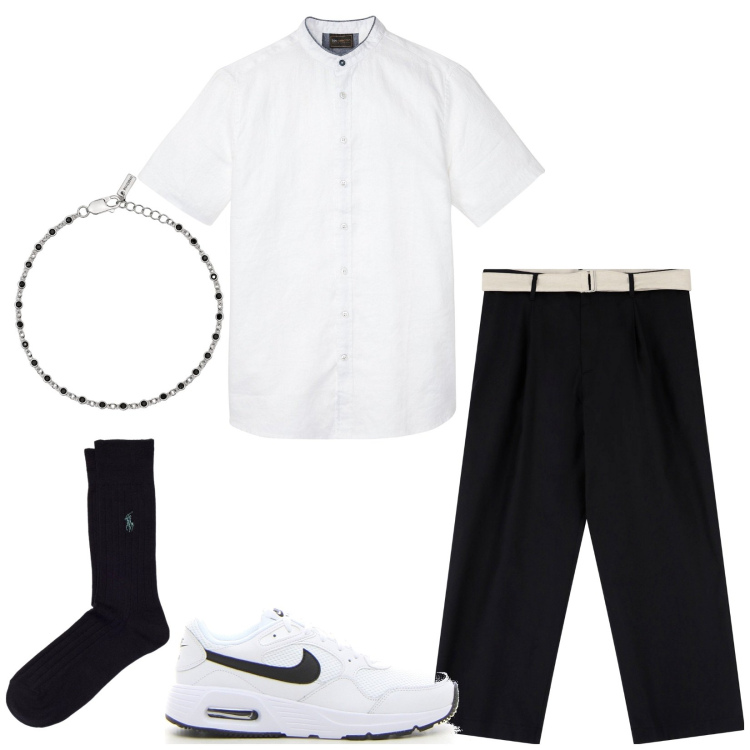Outfit uomo - Casual chic. Stile Trendy per Serata speciale. Abbinamento con camicie a manica corta, braccialetti, pantaloni, calzini, sneakers.