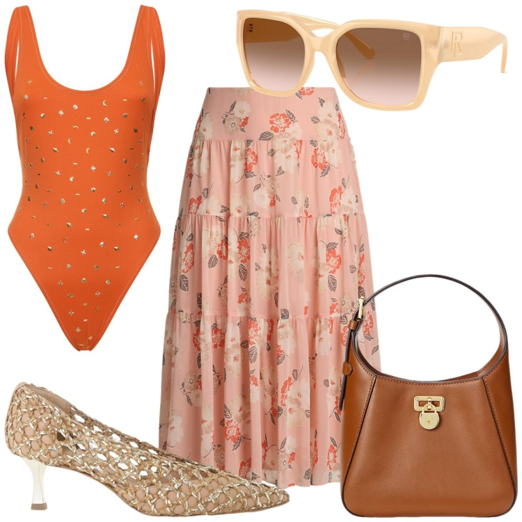 Outfit donna - Total look #2202281. Stile Trendy per Mare. Abbinamento con décolleté, borse a tracolla, occhiali da sole, gonne longuette, costumi interi.