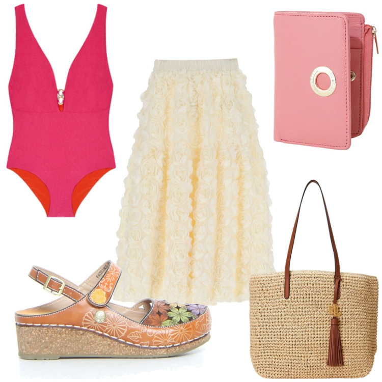 Outfit donna - Total look #2202282. Stile Trendy per Mare. Abbinamento con portafogli, gonne, borse tote, costumi interi, sandali.