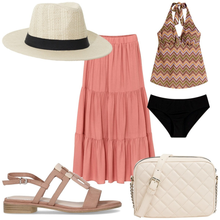 Outfit donna - Total look #2202283. Stile Etnico per Mare. Abbinamento con gonne longuette, costumi interi, borse a tracolla, cappelli, sandali.