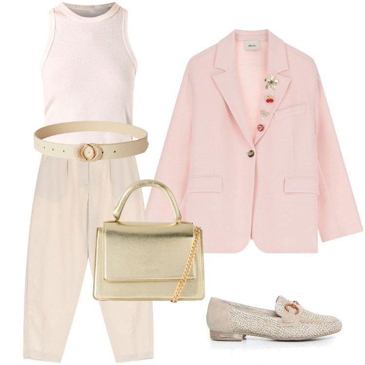 Outfit donna - Total look #2202284. Stile Casual chic per Cerimonia. Abbinamento con cinture, borse a tracolla, top, pantaloni, blazer, mocassini.