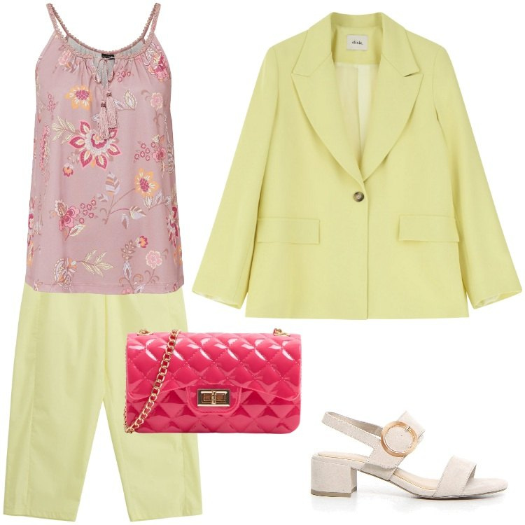 Outfit donna - Total look #2202286. Stile Boho per Cerimonia. Abbinamento con top, borse a tracolla, pantaloni, blazer, sandali col tacco.