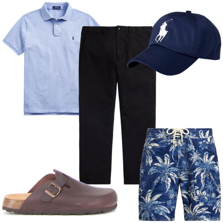 Outfit uomo - Total look #2202287. Stile Trendy per Mare. Abbinamento con cappelli, polo, costumi, pantaloni chino, sandali.