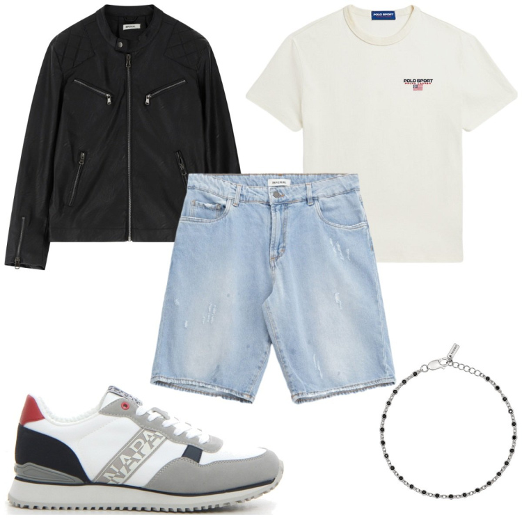 Outfit uomo - Total look #2202294. Stile Trendy per Tutti i giorni. Abbinamento con braccialetti, giacche, bermuda, t-shirt, sneakers.