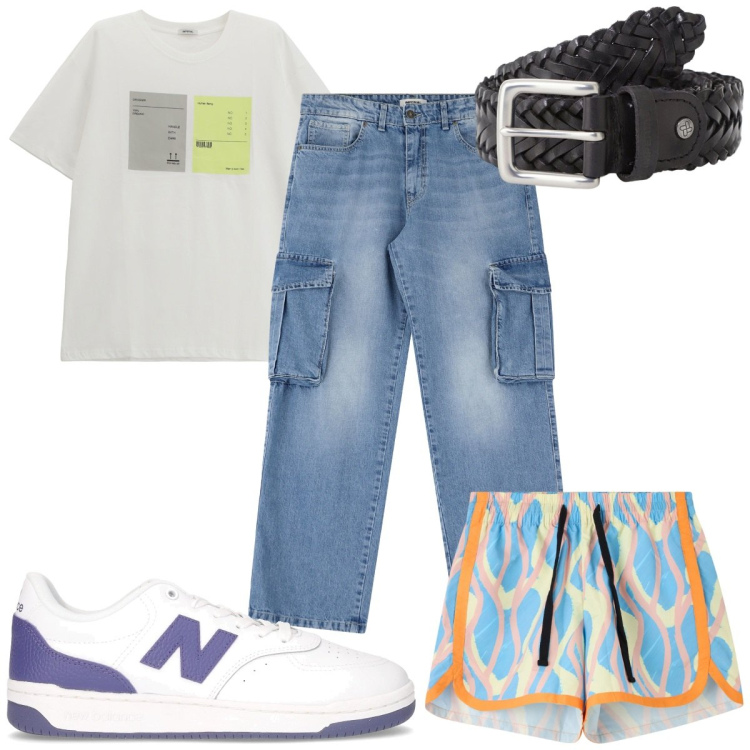 Outfit uomo - Total look #2202295. Stile Trendy per Mare. Abbinamento con costumi, cinture, jeans, t-shirt, sneakers.
