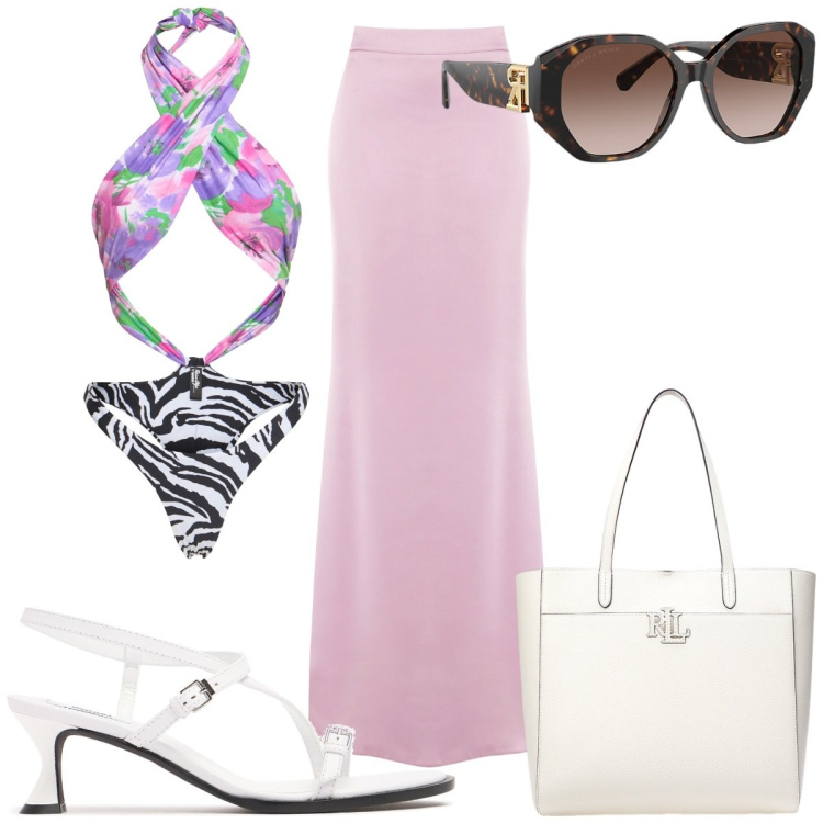 Outfit donna - Total look #2202297. Stile Trendy per Mare. Abbinamento con gonne lunghe, borse tote, occhiali da sole, costumi interi, sandali in pelle.